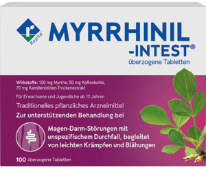 MYRRHINIL-INTEST® MYRRHINIL-INTEST® ist aufgrund seiner Dreifach-Wirkstoffkombination einzigartig: Myrrhe, Kaffeekohle und ein Trockenextrakt aus Kamillenblüten.
