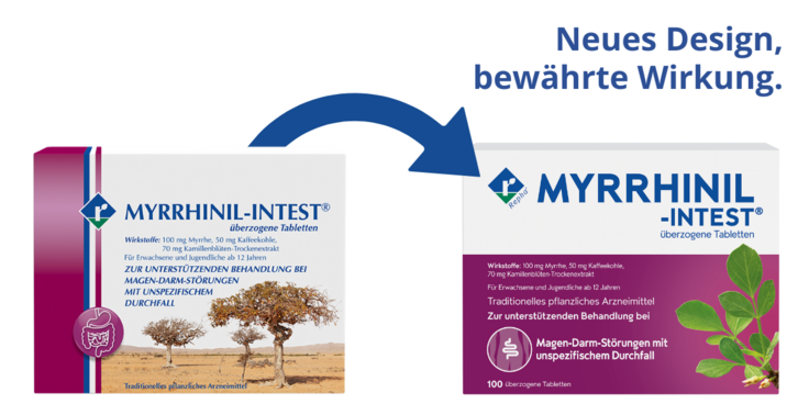 Verpackungsrelaunch von MYRRHINIL-INTEST® Alte und neue Verpackung von MYRRHINIL-INTEST®